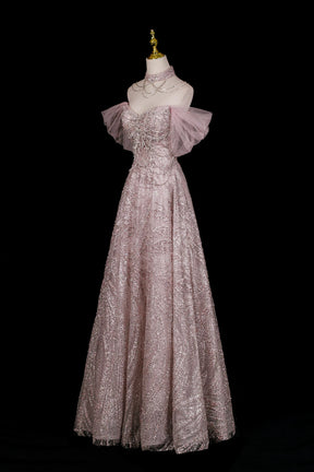 Pink Glitter Off-the-Shoulder A-Line Prom Dress with Tulle Sleeves