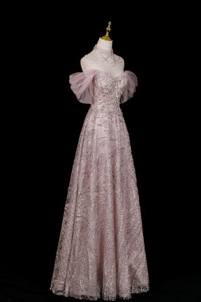 Pink Glitter Off-the-Shoulder A-Line Prom Dress with Tulle Sleeves