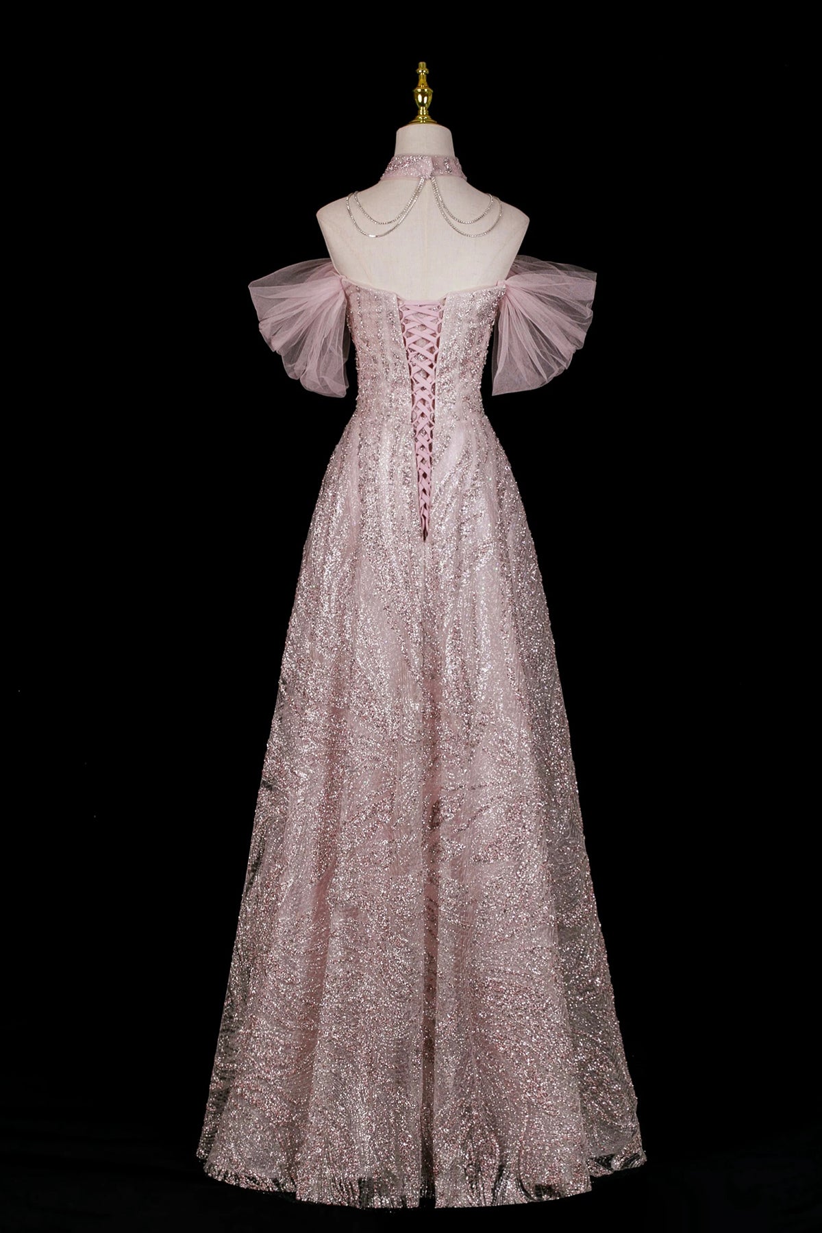 Pink Glitter Off-the-Shoulder A-Line Prom Dress with Tulle Sleeves