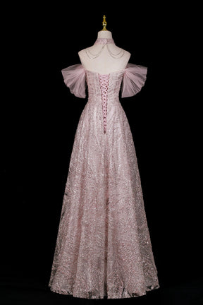 Pink Glitter Off-the-Shoulder A-Line Prom Dress with Tulle Sleeves
