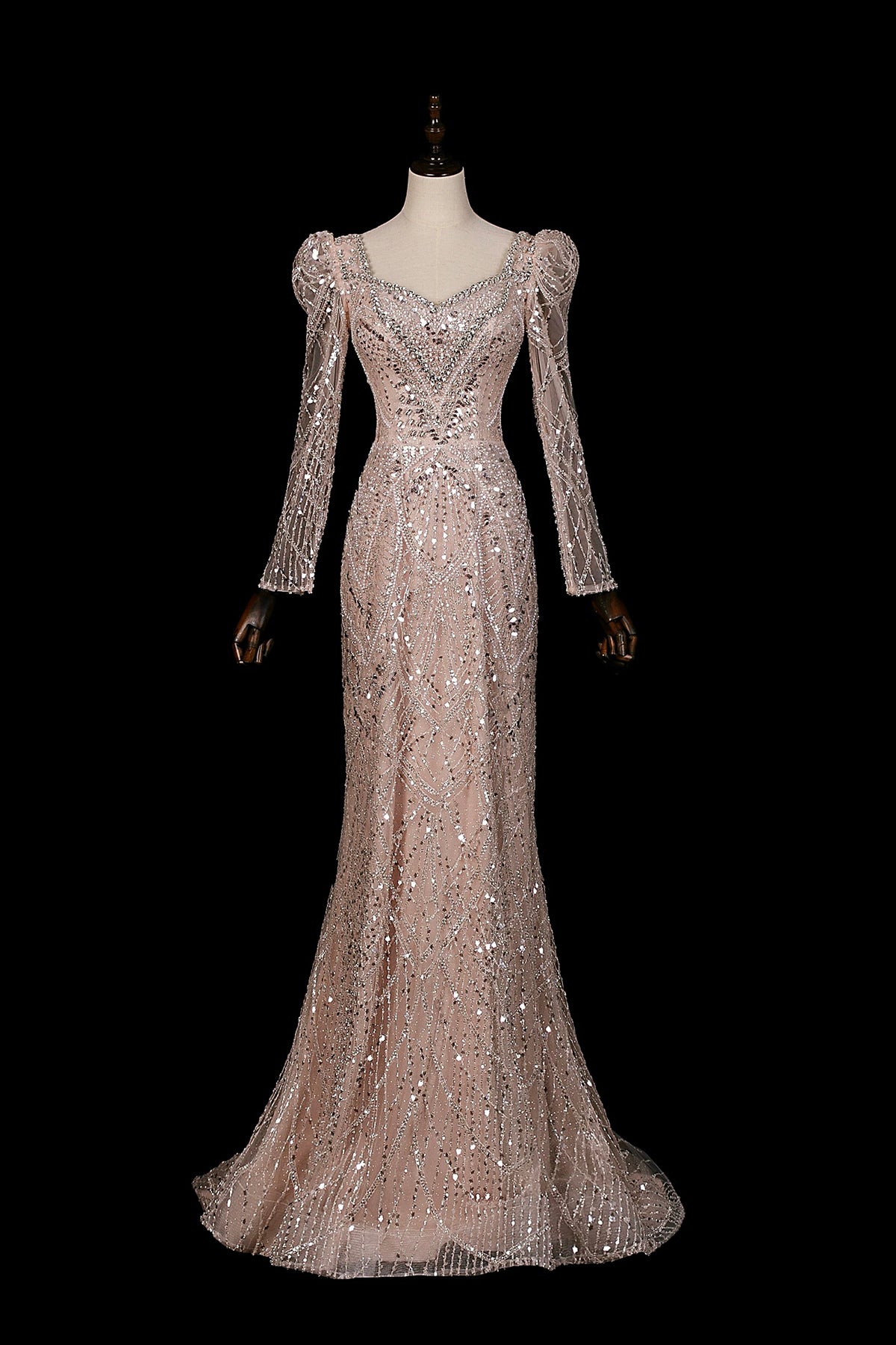 Champagne Sequin Long Sleeve Mermaid Evening Gown with Detachable Tulle Train