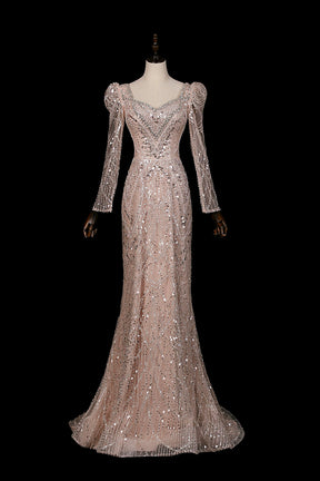 Champagne Sequin Long Sleeve Mermaid Evening Gown with Detachable Tulle Train