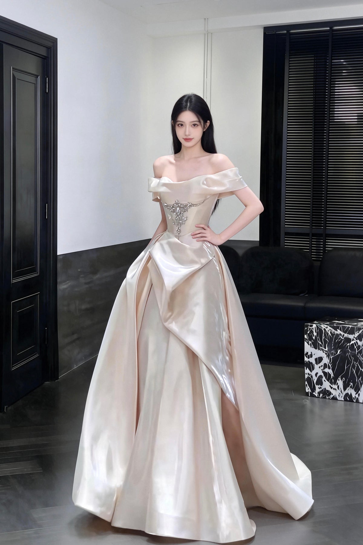 Champagne Satin Off the Shoulder Princess Dress Luxury Crystal Evening Gown