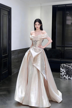 Champagne Satin Off the Shoulder Princess Dress Luxury Crystal Evening Gown