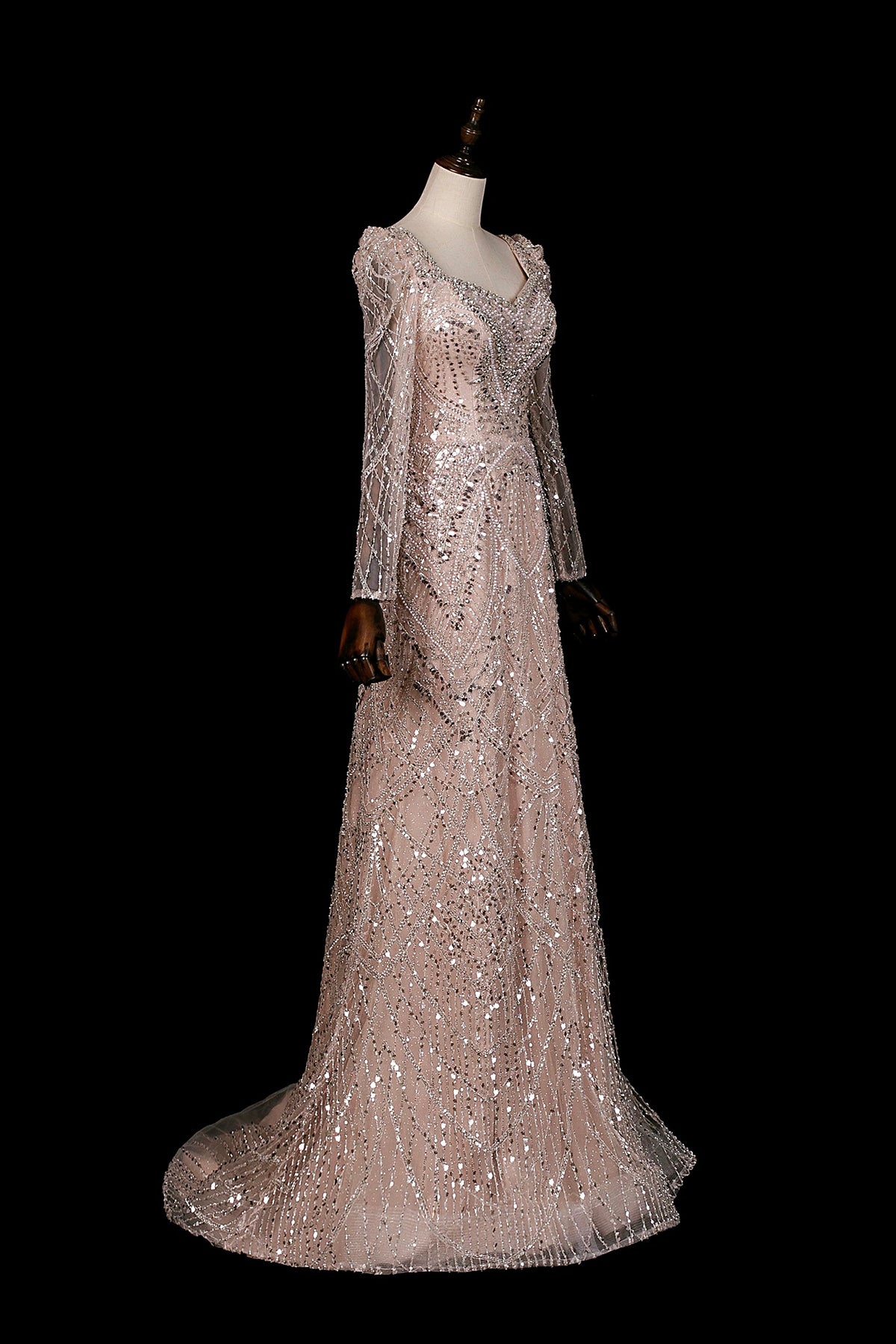 Champagne Sequin Long Sleeve Mermaid Evening Gown with Detachable Tulle Train