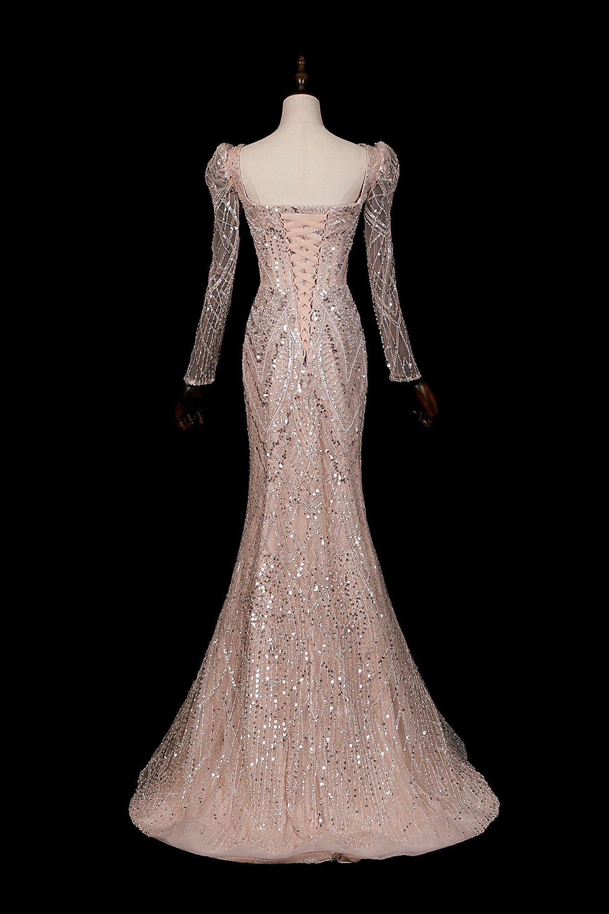 Champagne Sequin Long Sleeve Mermaid Evening Gown with Detachable Tulle Train