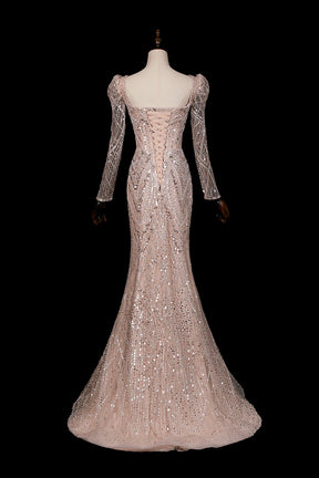 Champagne Sequin Long Sleeve Mermaid Evening Gown with Detachable Tulle Train