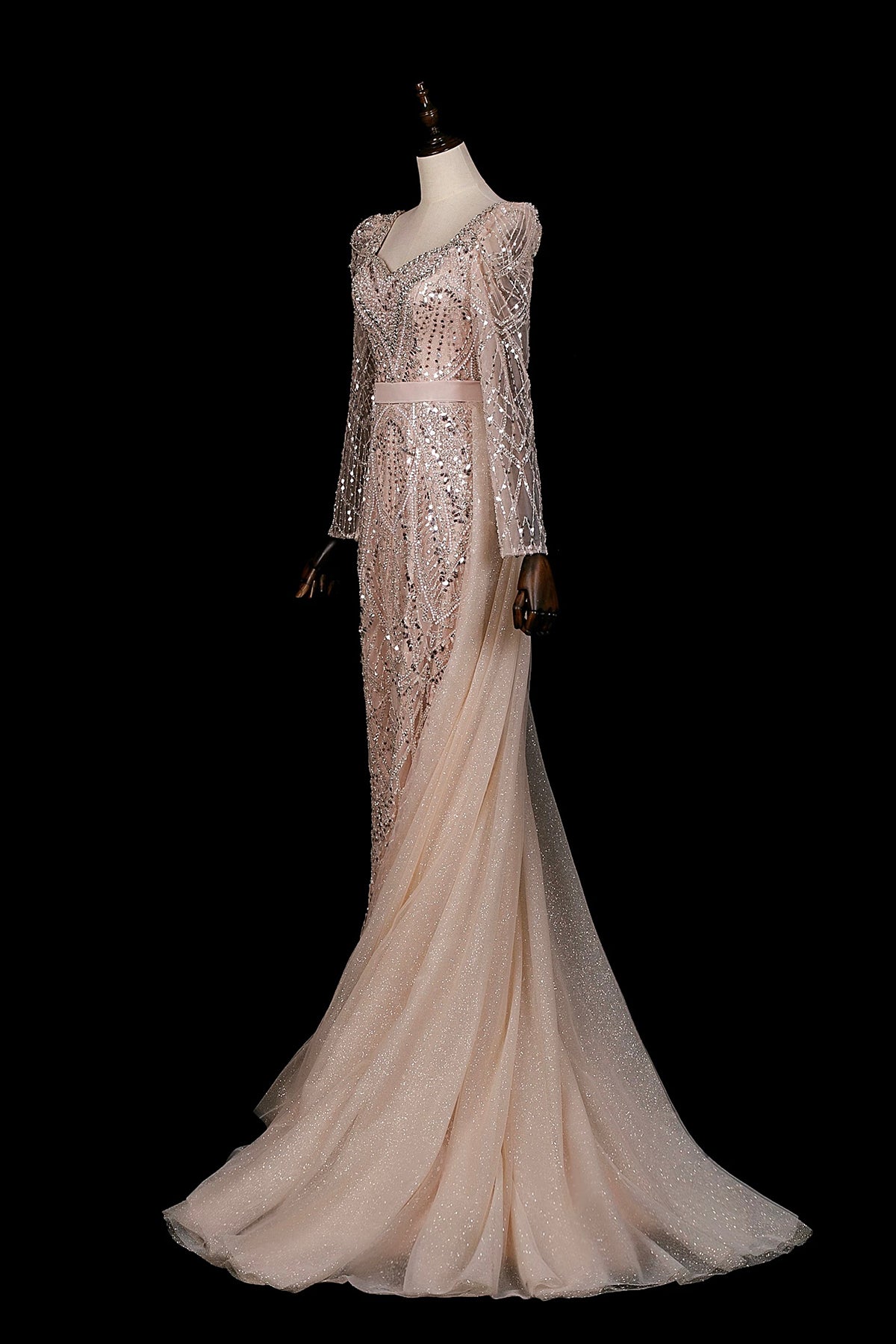 Champagne Sequin Long Sleeve Mermaid Evening Gown with Detachable Tulle Train
