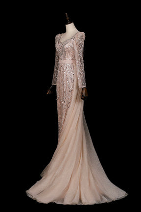 Champagne Sequin Long Sleeve Mermaid Evening Gown with Detachable Tulle Train