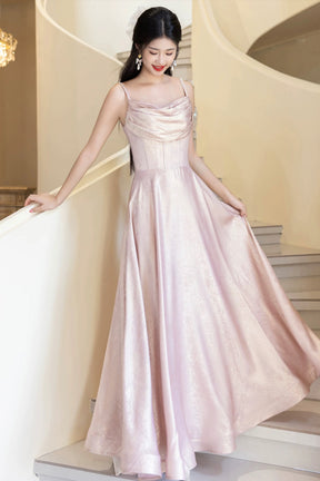 Pink Shiny Satin Spaghetti Strap A-Line Long Prom Evening Gown