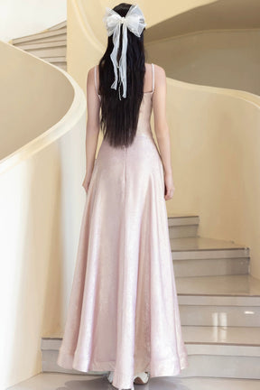 Pink Shiny Satin Spaghetti Strap A-Line Long Prom Evening Gown
