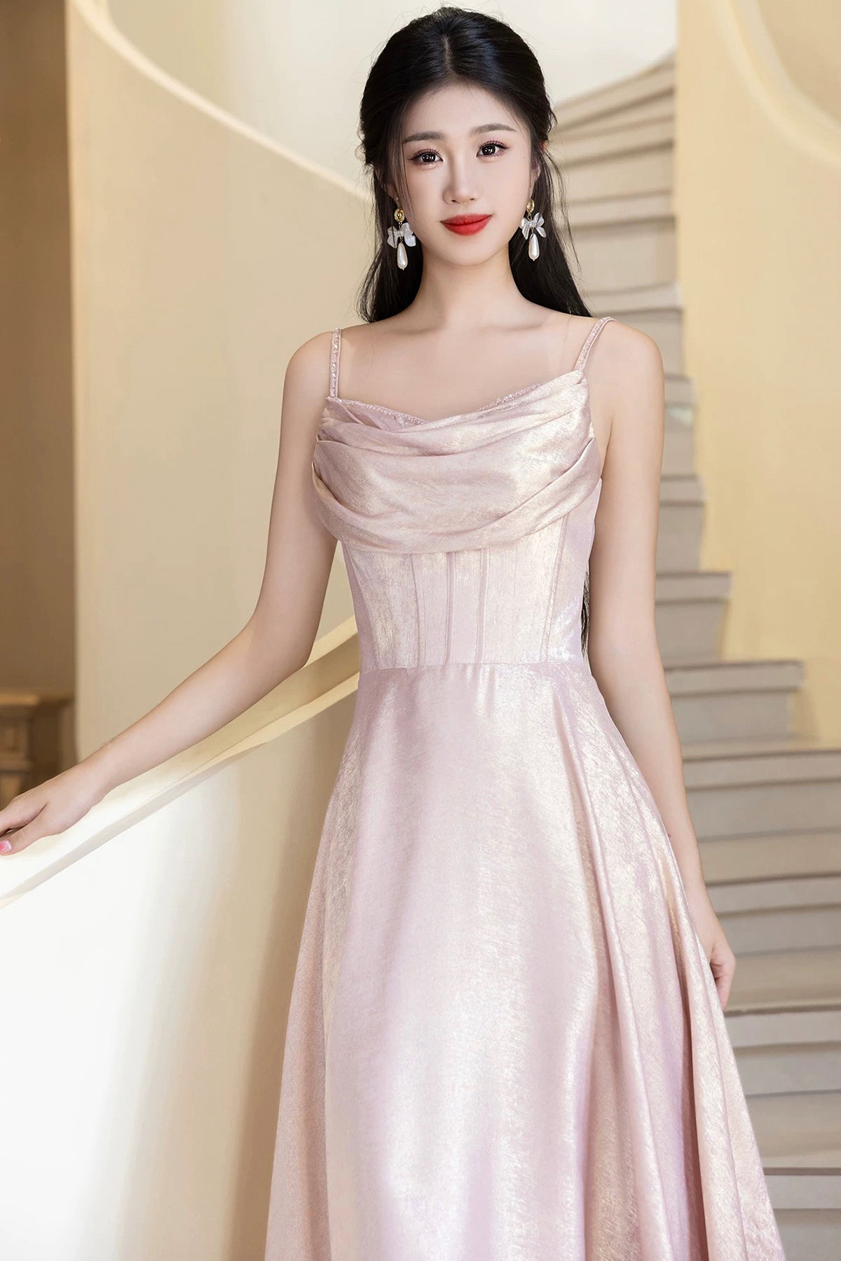 Pink Shiny Satin Spaghetti Strap A-Line Long Prom Evening Gown
