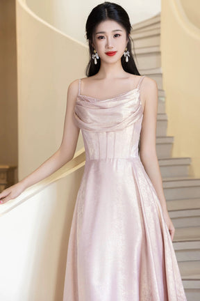 Pink Shiny Satin Spaghetti Strap A-Line Long Prom Evening Gown