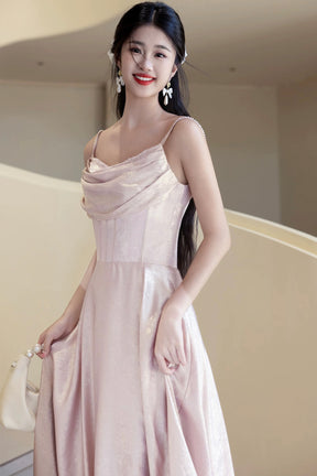 Pink Shiny Satin Spaghetti Strap A-Line Long Prom Evening Gown