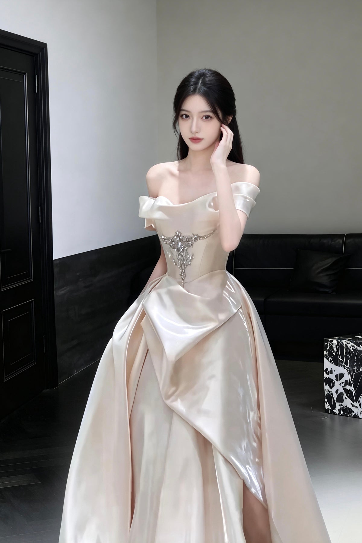 Champagne Satin Off the Shoulder Princess Dress Luxury Crystal Evening Gown