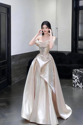 Champagne Satin Off the Shoulder Princess Dress Luxury Crystal Evening Gown