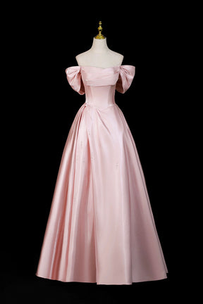 Pink Satin Off-the-Shoulder Formal Evening Dress with Bow Detail