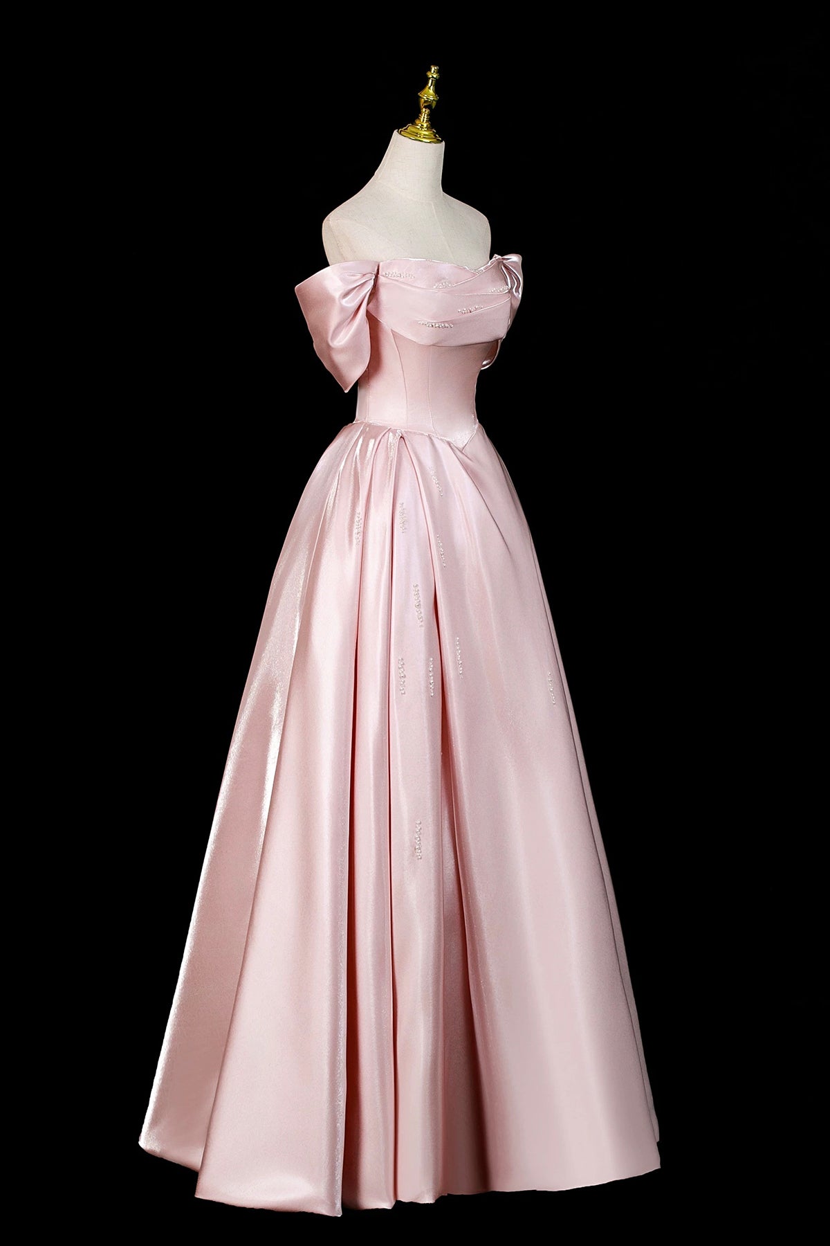 Pink Satin Off-the-Shoulder Formal Evening Dress with Bow Detail