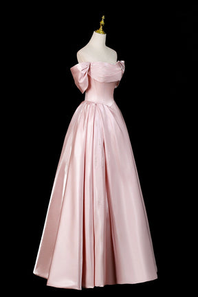 Pink Satin Off-the-Shoulder Formal Evening Dress with Bow Detail