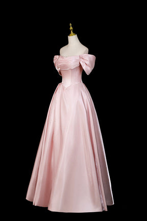Pink Satin Off-the-Shoulder Formal Evening Dress with Bow Detail