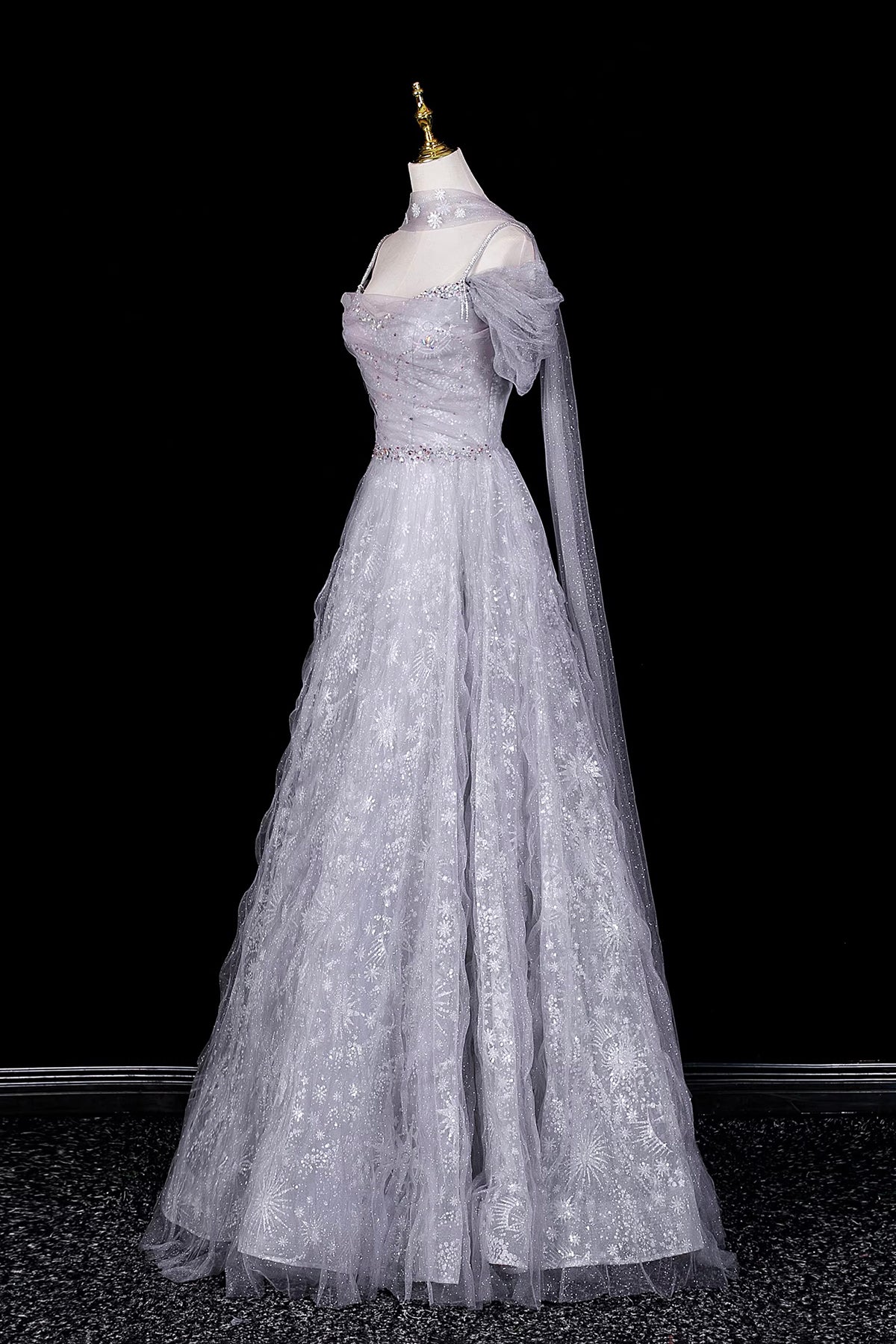 Silver Off-the-Shoulder Prom Dress, Glitter Snowflake Tulle Evening Gown with Cape