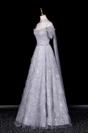 Silver Off-the-Shoulder Prom Dress, Glitter Snowflake Tulle Evening Gown with Cape