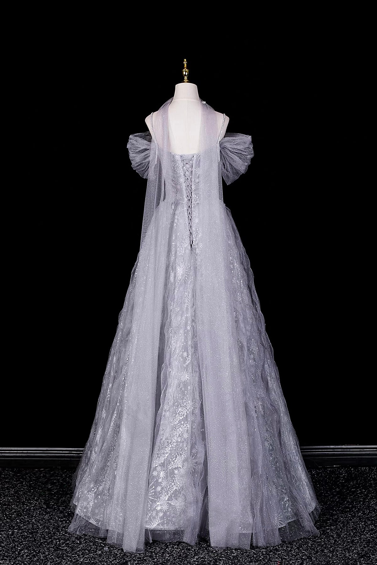 Silver Off-the-Shoulder Prom Dress, Glitter Snowflake Tulle Evening Gown with Cape