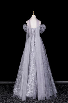 Silver Off-the-Shoulder Prom Dress, Glitter Snowflake Tulle Evening Gown with Cape