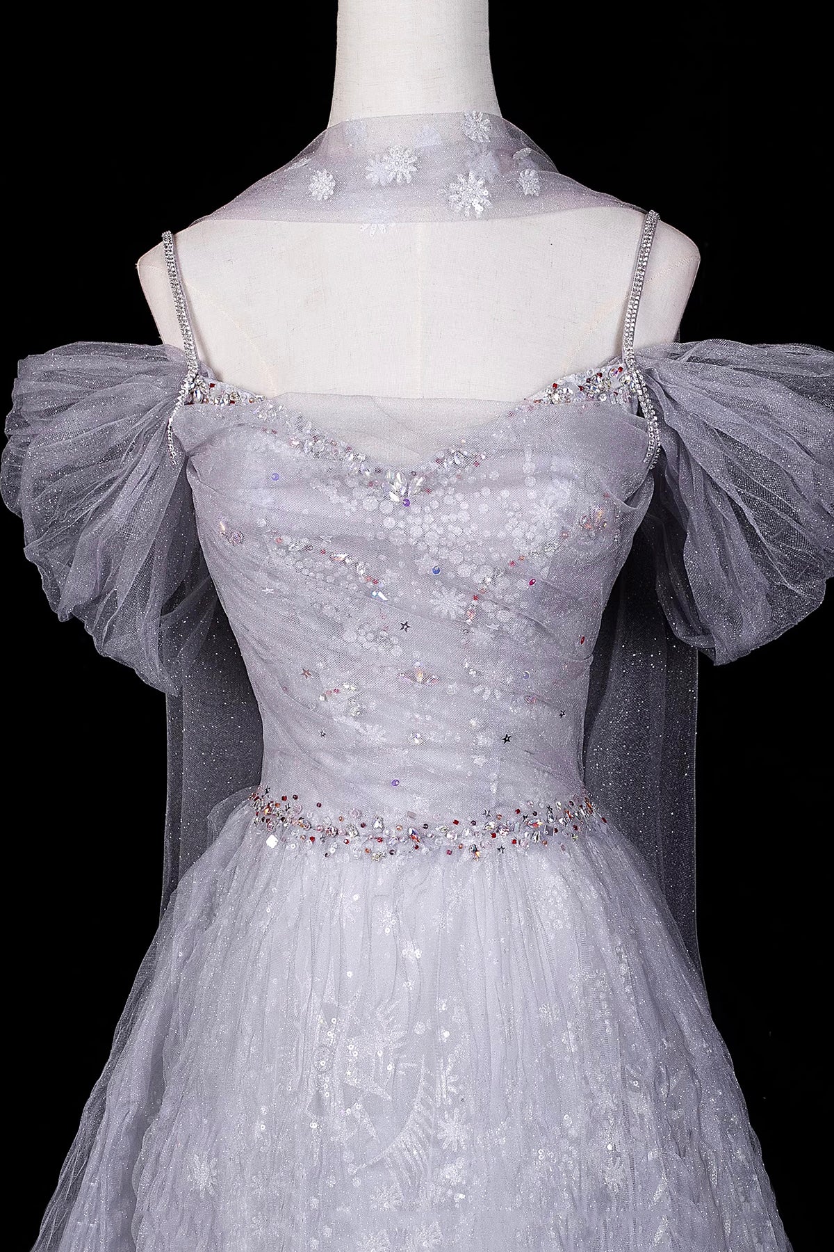 Silver Off-the-Shoulder Prom Dress, Glitter Snowflake Tulle Evening Gown with Cape