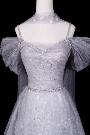 Silver Off-the-Shoulder Prom Dress, Glitter Snowflake Tulle Evening Gown with Cape