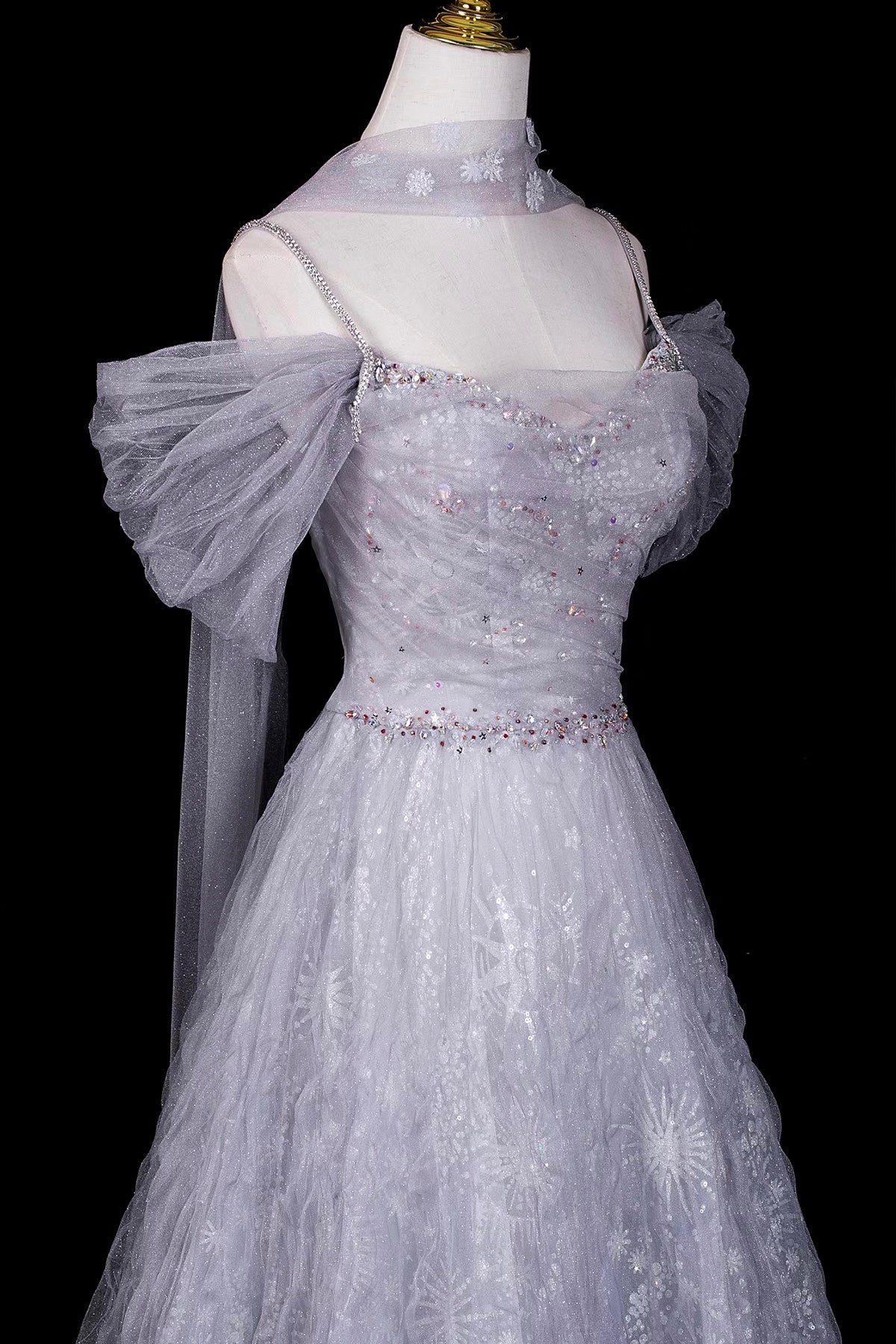 Silver Off-the-Shoulder Prom Dress, Glitter Snowflake Tulle Evening Gown with Cape
