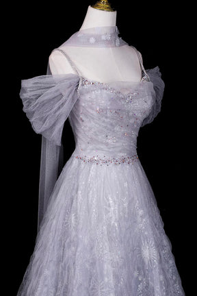 Silver Off-the-Shoulder Prom Dress, Glitter Snowflake Tulle Evening Gown with Cape