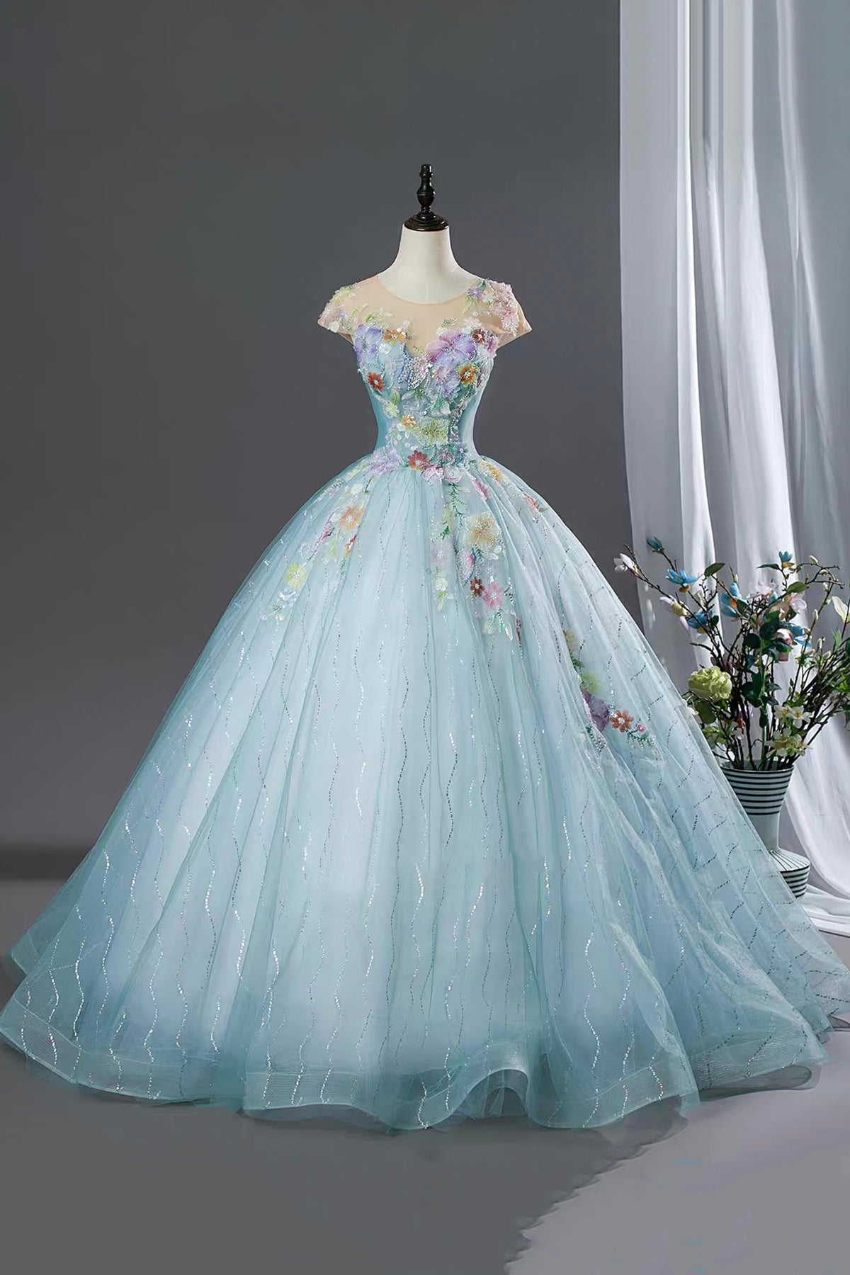 Blue Floral Ball Gown Embellished Prom Formal Dress with Tulle Skirt