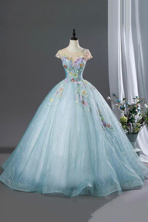 Blue Floral Ball Gown Embellished Prom Formal Dress with Tulle Skirt