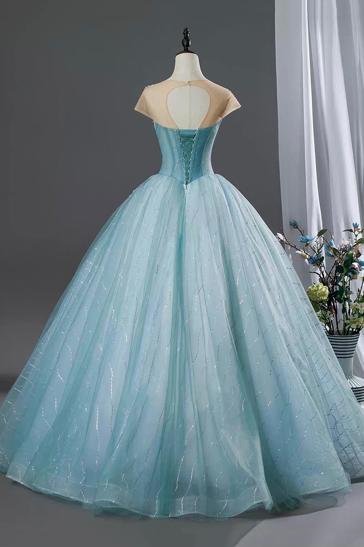 Blue Floral Ball Gown Embellished Prom Formal Dress with Tulle Skirt