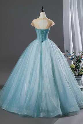Blue Floral Ball Gown Embellished Prom Formal Dress with Tulle Skirt