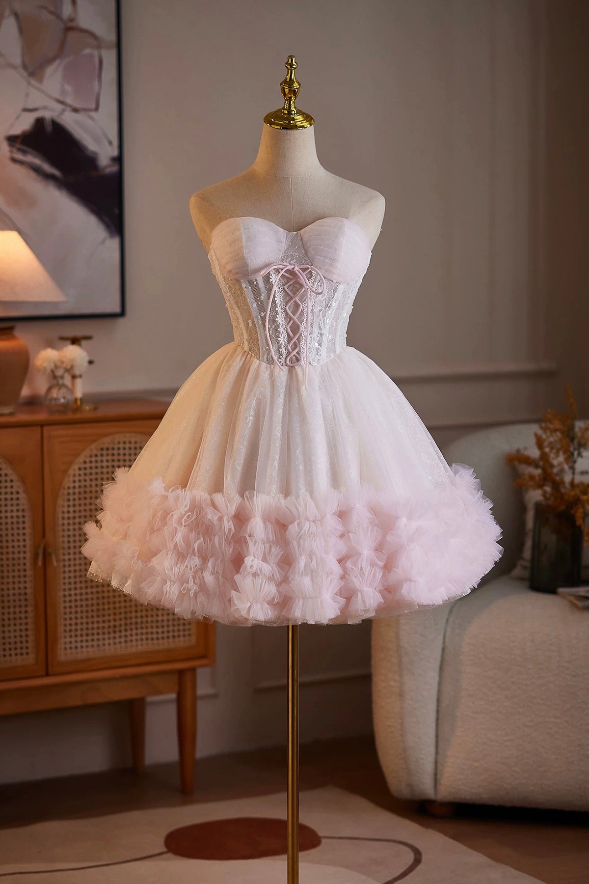 Lace Up Corset Pink White Tutu Dress | Formal Short Dress