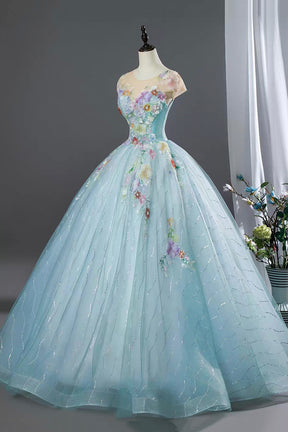 Blue Floral Ball Gown Embellished Prom Formal Dress with Tulle Skirt