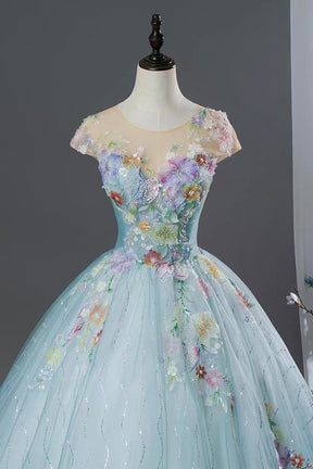 Blue Floral Ball Gown Embellished Prom Formal Dress with Tulle Skirt