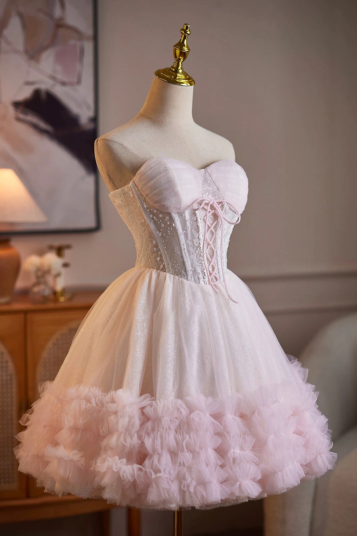 Lace Up Corset Pink White Tutu Dress | Formal Short Dress