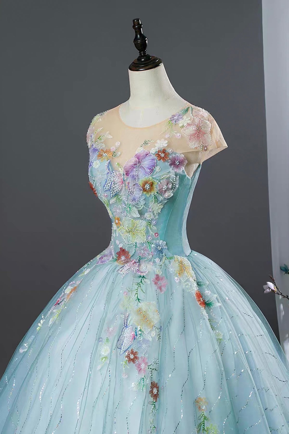 Blue Floral Ball Gown Embellished Prom Formal Dress with Tulle Skirt