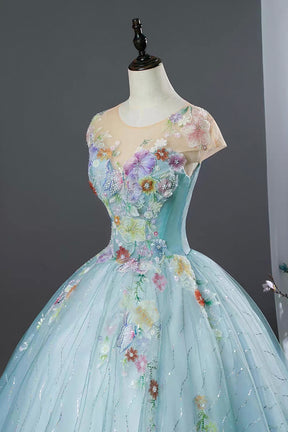 Blue Floral Ball Gown Embellished Prom Formal Dress with Tulle Skirt
