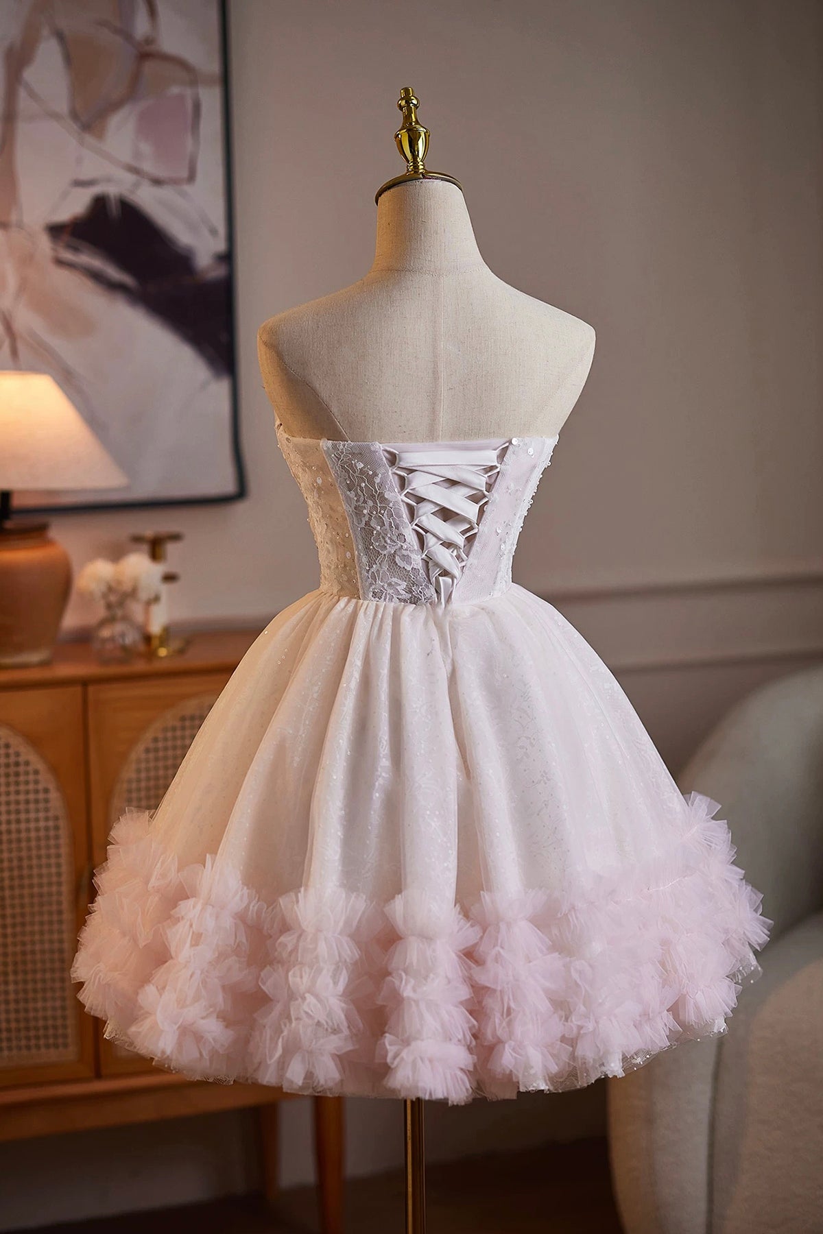 Lace Up Corset Pink White Tutu Dress | Formal Short Dress