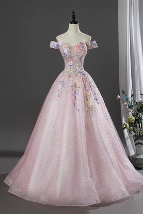 Pink Off Shoulder Floral Ball Gown Embellished Prom Dress with Sequin Tulle