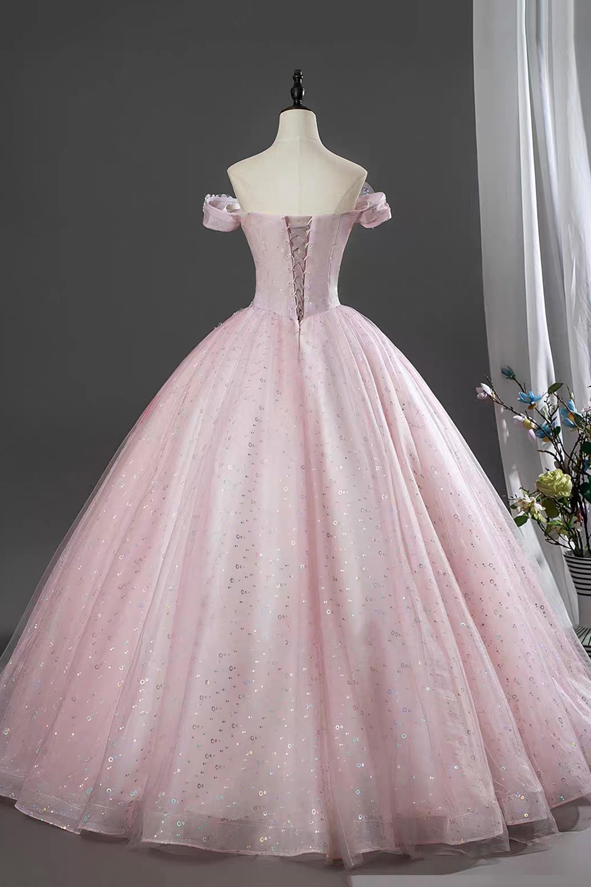 Pink Off Shoulder Floral Ball Gown Embellished Prom Dress with Sequin Tulle