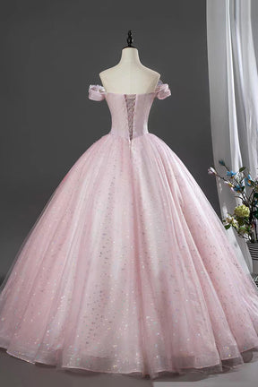 Pink Off Shoulder Floral Ball Gown Embellished Prom Dress with Sequin Tulle