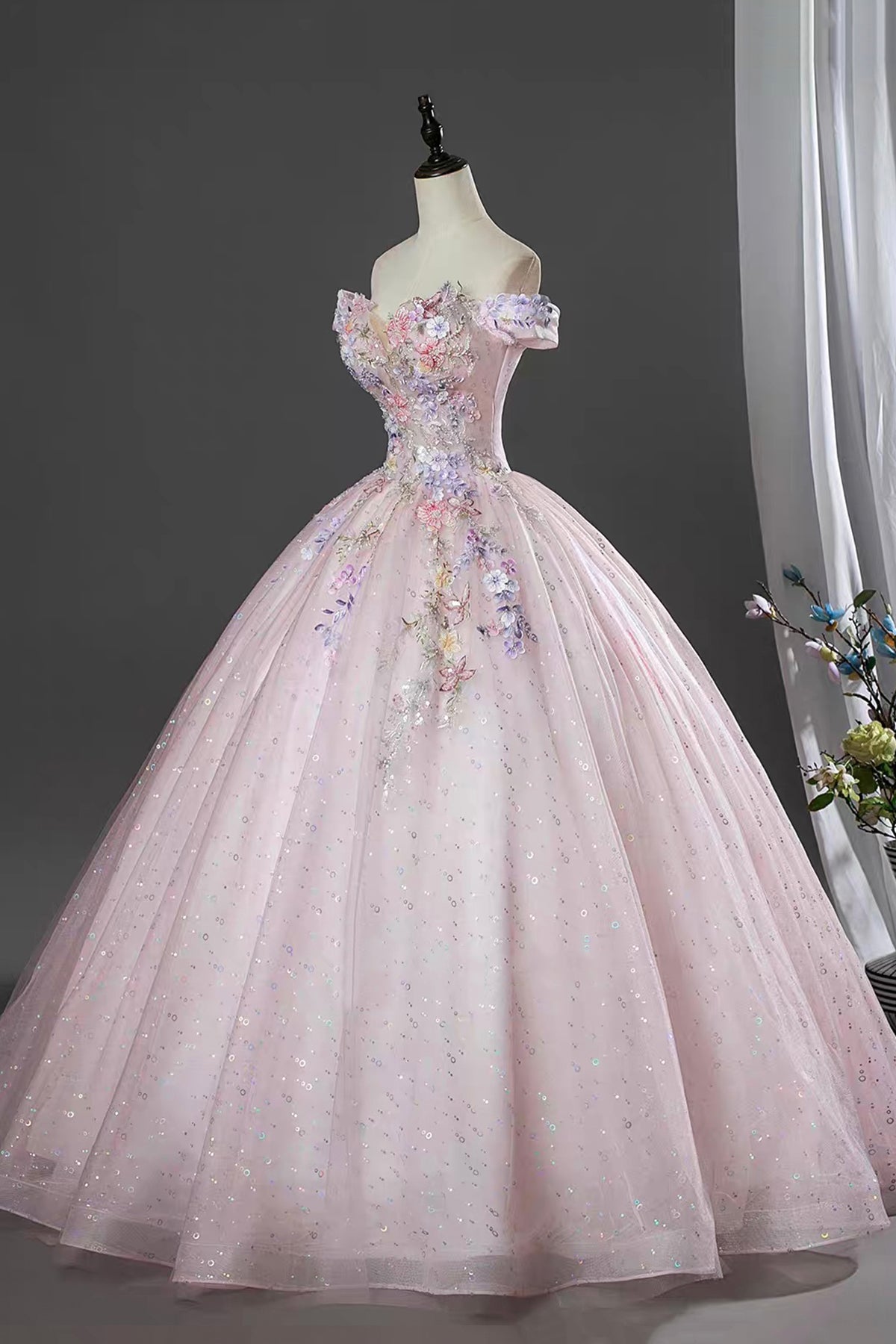 Pink Off Shoulder Floral Ball Gown Embellished Prom Dress with Sequin Tulle