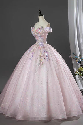 Pink Off Shoulder Floral Ball Gown Embellished Prom Dress with Sequin Tulle