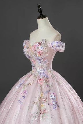 Pink Off Shoulder Floral Ball Gown Embellished Prom Dress with Sequin Tulle