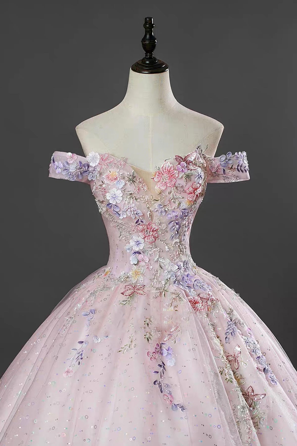 Pink Off Shoulder Floral Ball Gown Embellished Prom Dress with Sequin Tulle